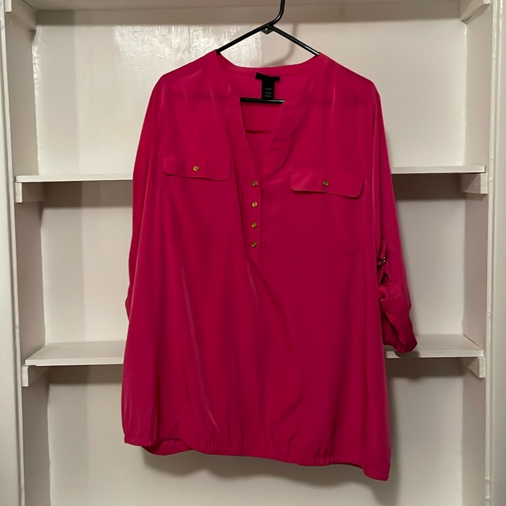 Lane Bryant Pink Gathered Hem top with adjustable roll sleeves and button V neck